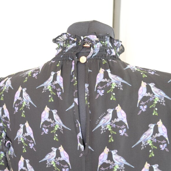 Ted Baker Zabrina Lovebirds Ruffle Blouse Sz S - Picture 10 of 11